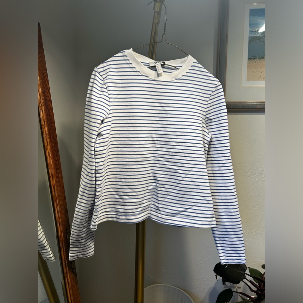 COS White and Blue Striped Long Sleeve Shirt